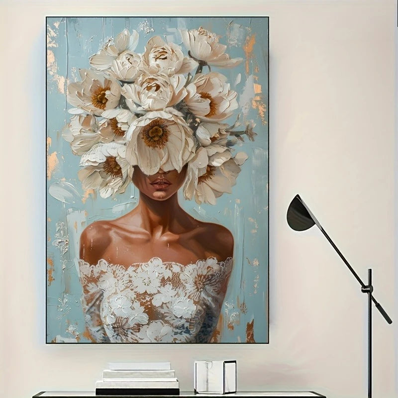 tableau moderne abstrait fleurs blanches toile sans cadre 60x80cm 50x70cm bleu clair doré decoration