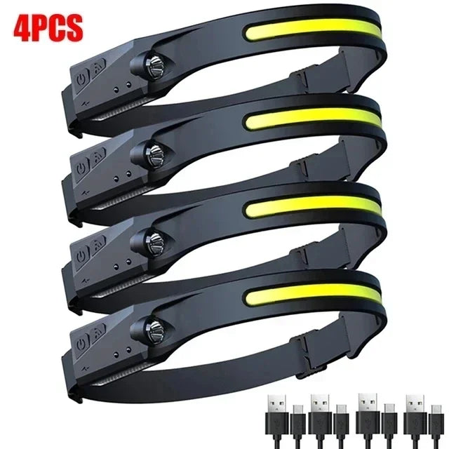 lampe frontale rechargeable led noire jaune mode nuit camping pêche extérieur USB cable sortie