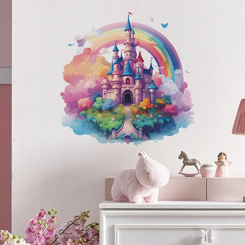 autocollant mural château arc ciel nuages forêt enfant fantaisie multicolore adhésif
