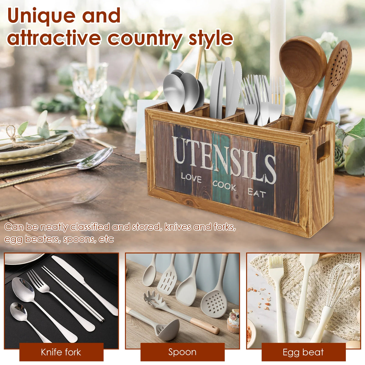 boîte ustensiles cuisine bois naturel rustique vintage compartiments blanc marron couteaux fourchettes cuillères spatules