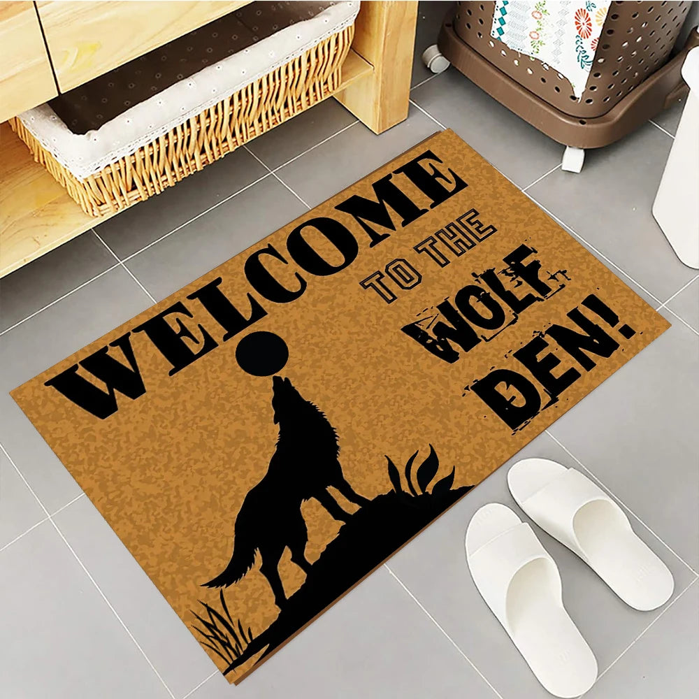 tapis d'entrée marron loup hurlant welcome wolf den antidérapant résistant extérieur intérieur vintage rustique