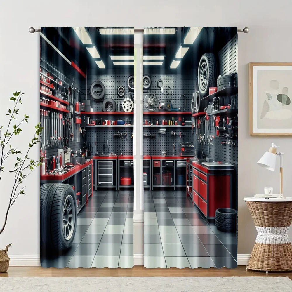 rideau moderne garage outils roues polyester noir rouge gris opacité 75x166cm