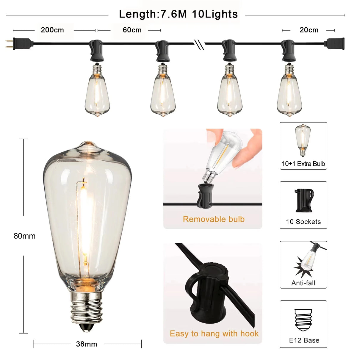 guirlande lumineuse extérieure led noir ampoules transparentes forme bouteille vintage industrielle