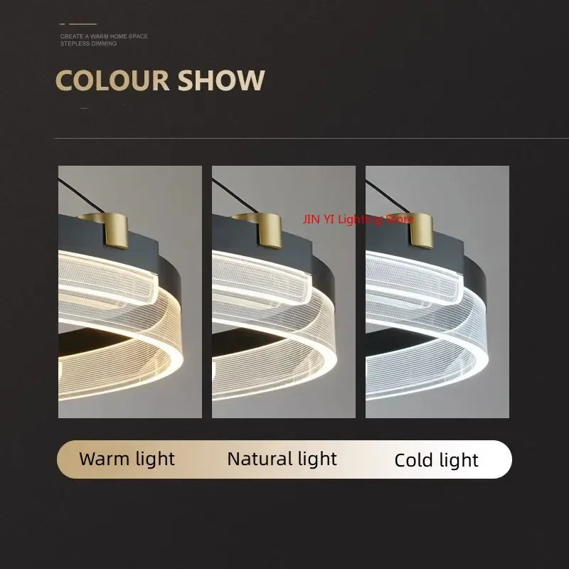 suspension lumineuse moderne noir doré ampoules led blanc translucide structure circulaire bandes translucides minimaliste