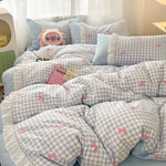 ensemble literie rose gingham nœuds frangés doux girly enfant taies oreiller couverture