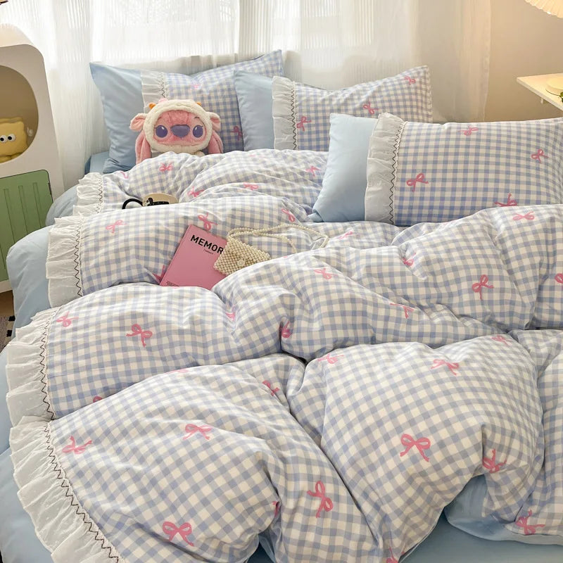 ensemble literie rose gingham nœuds frangés doux girly enfant taies oreiller couverture
