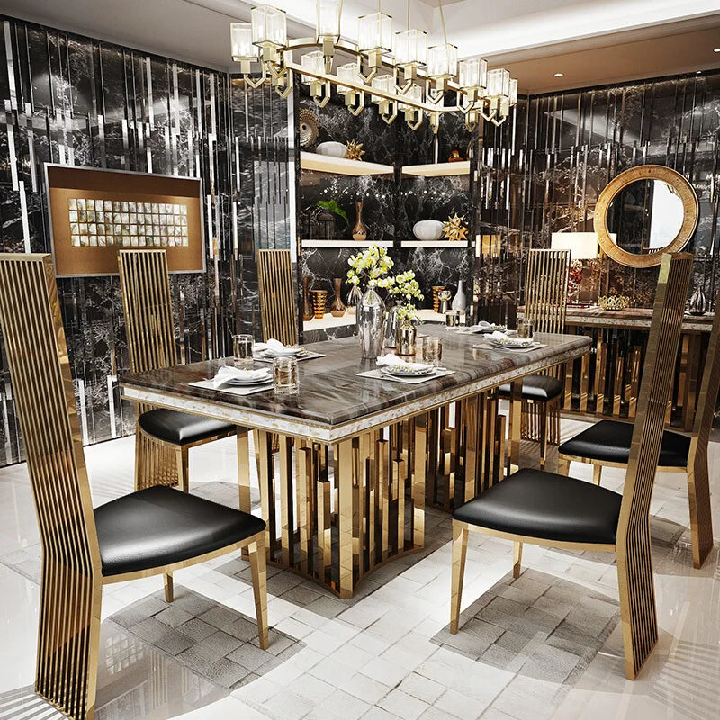 ensemble salle manger marbre métal doré table haut dossier chaises moderne minimaliste