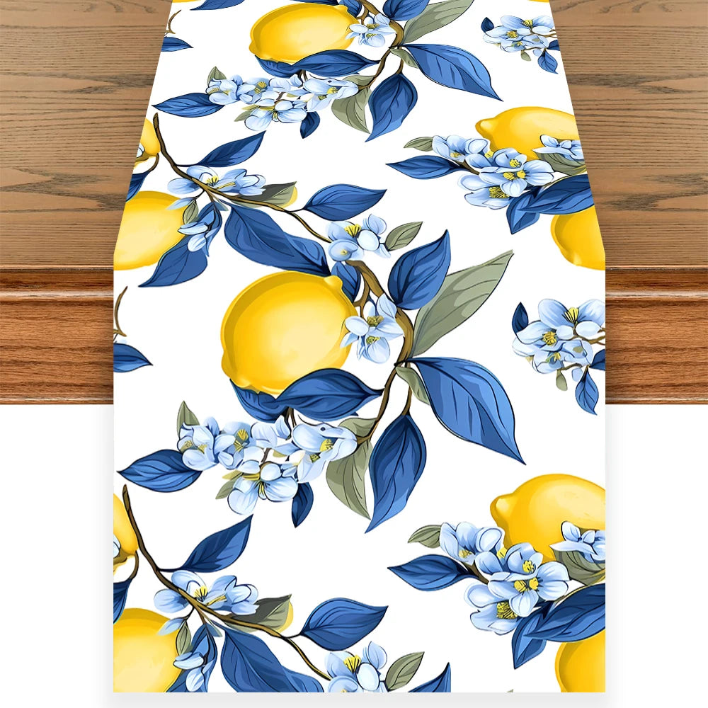 tableau chemin table fleurs citrons feuilles bleues blanc printemps été fêtes occasions spéciales polyester