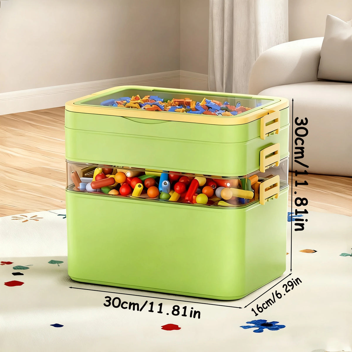 boîtes rangement transparentes empilables jouets colorés moderne poignées vert rose jaune