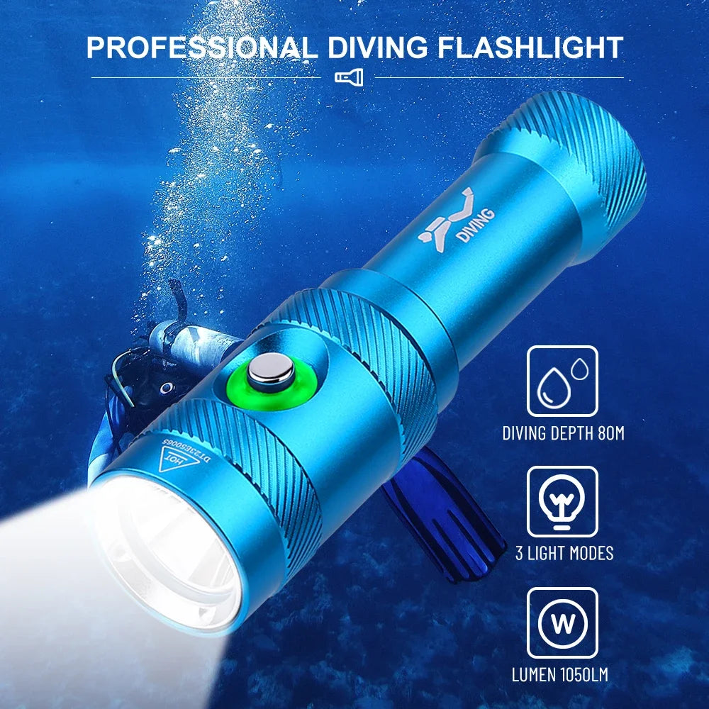 lampe torche sous marine bleu rayures verticales moderne rechargeable annneau sécurité intense luminosité
