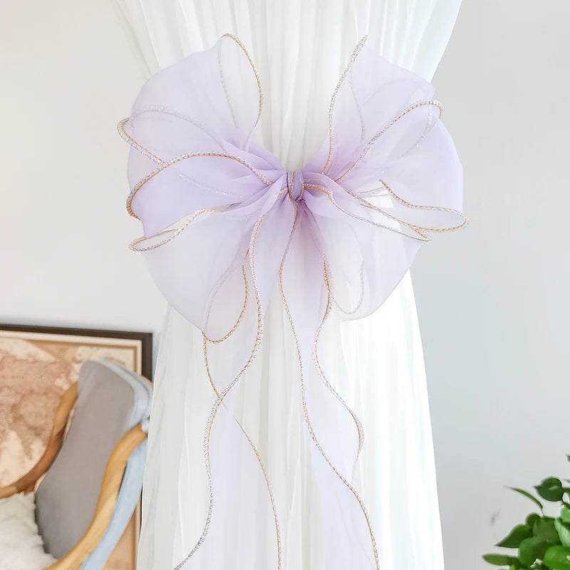 rideau fenêtre transparent rubans décoratifs nœuds dorées élégants maison vintageclair rose blanc