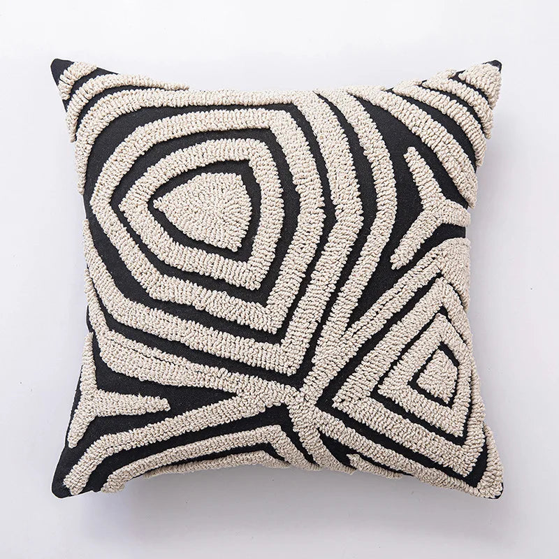 coussin brodé géométrique moderne beige noir amovible lavable