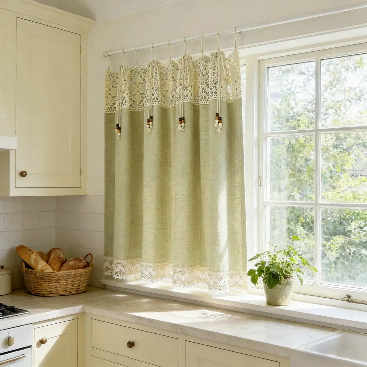 rideau vintage rustique vert clair dentelle blanche bois ruban décoratif pastoral tissu uni
