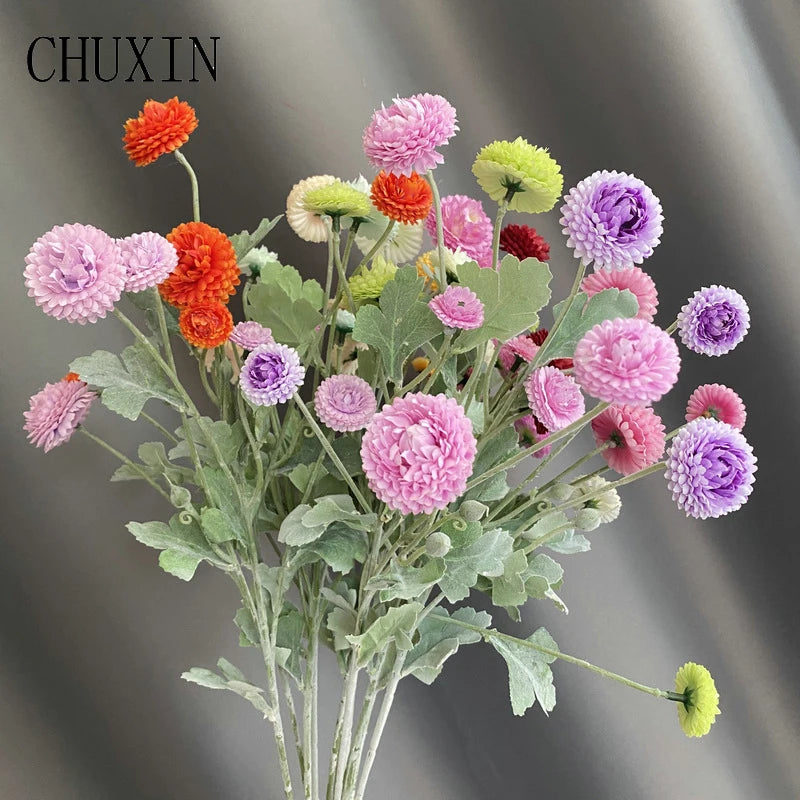 décoration intérieure bouquet artificiel fleurs chrysanthèmes feuilles vertes moderne or rose violet