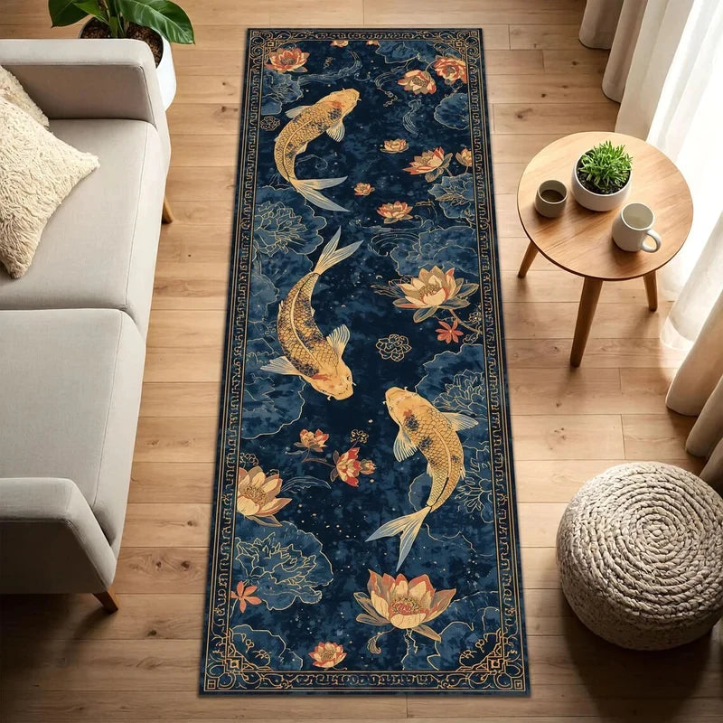 tapis koi poisson fleurs lotus bordure géométrique bleu doré vert oriental résistant antidérapant