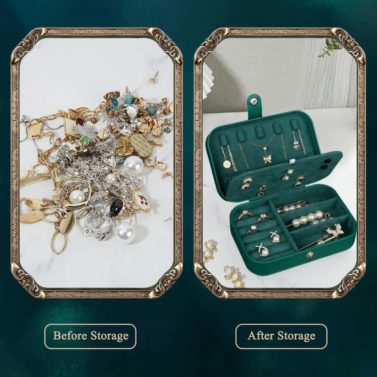 boîte bijoux vert foncé velours moderne poches élastiques colliers supports oreilles rouleaux bagues diviseurs