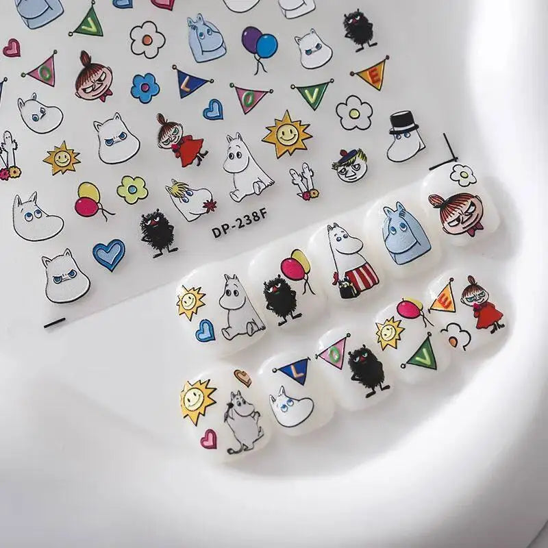 sticker adhésif ongle moomin dessins animés personnages ballons coeurs fleurs