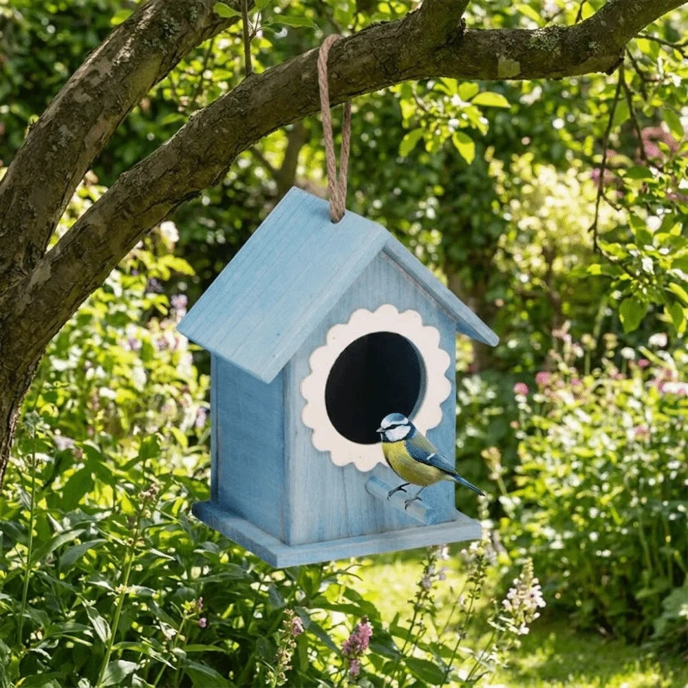 nichoir oiseaux extérieur bois résistant intempéries cordelette suspension porte floral relief bleu clair blanc