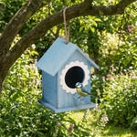 nichoir oiseaux extérieur bois résistant intempéries cordelette suspension porte floral relief bleu clair blanc