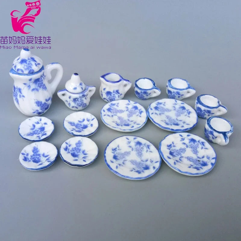service thé miniature blanc doré rose bleu vert fleurs classique tasse théière soucoupe assiette