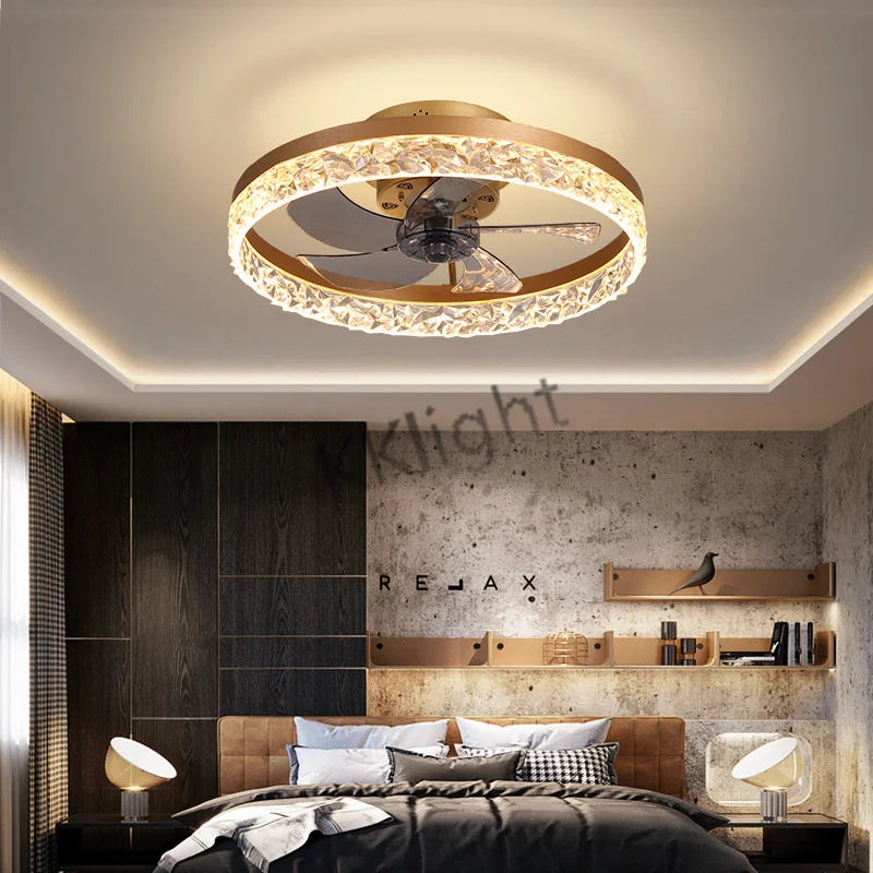 ventilateur lampe led télécommande moderne cristaux noir élégant eyelets circulaire