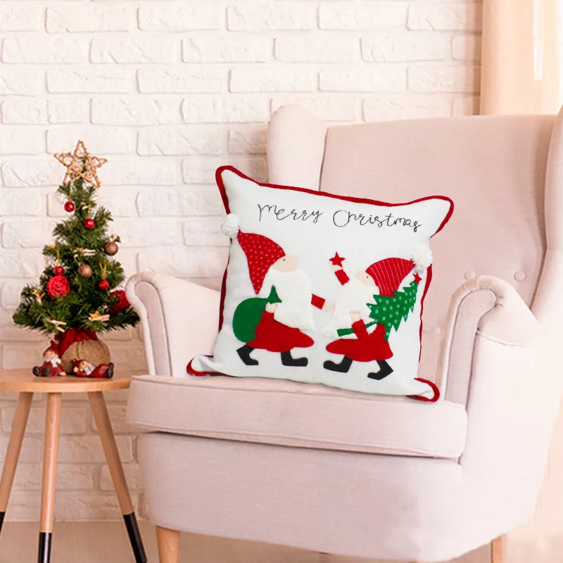 coussin carré noel brodé lutins sapins rouge blanc amovible lavable coton polyester 45x45 cm