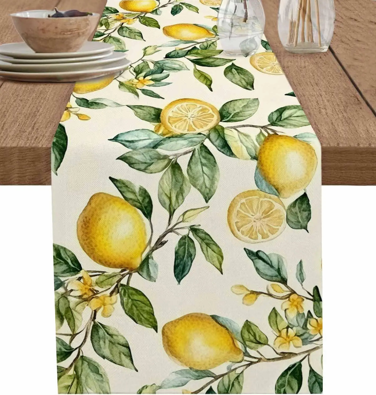 nappe lin jaune feuilles citrons aquarelle rustique champetre mediterraneen table