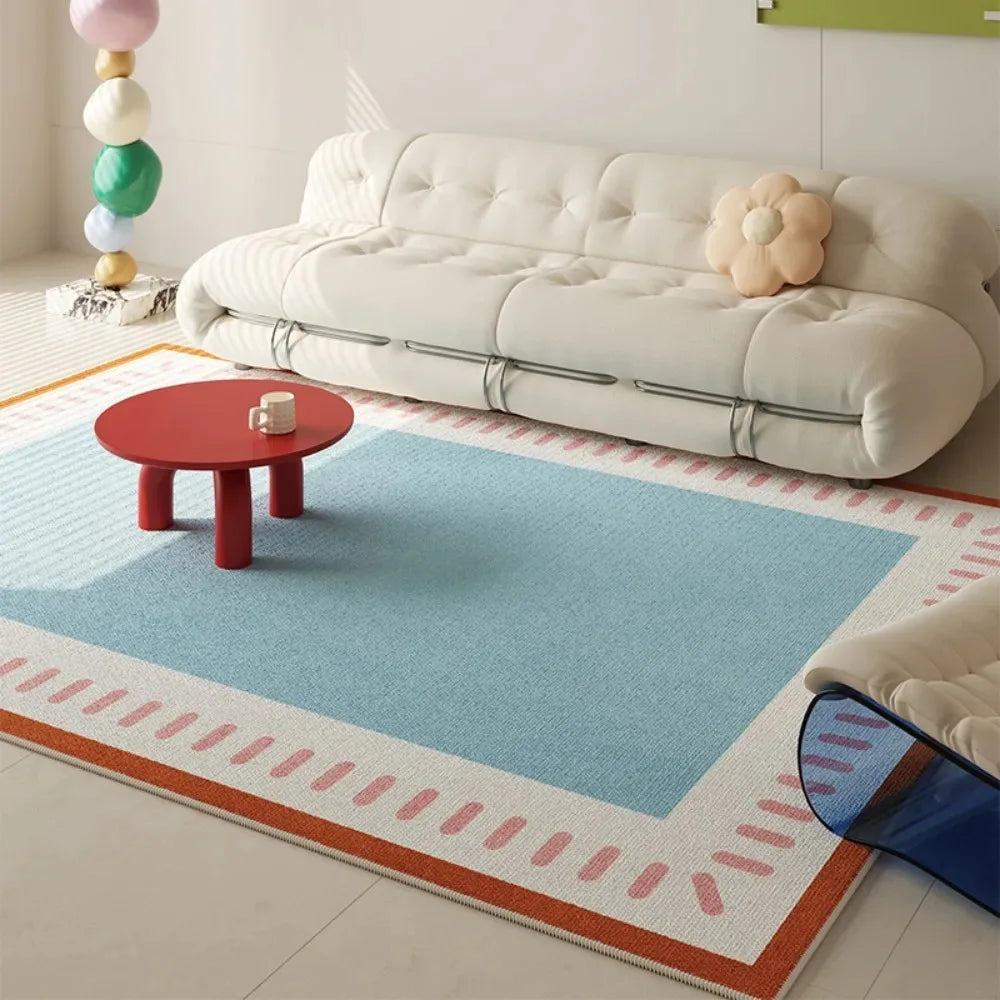 tapis moderne rectangle polypropylène polyester bleu clair rouge blanc beige rayures horizontales bordure géométrique