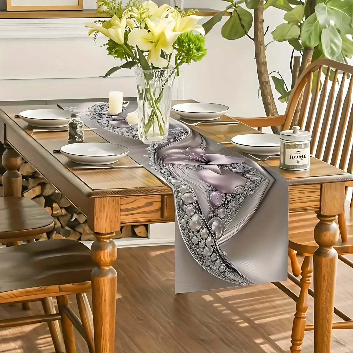 table cheval moderne élégante gris violet blanc fleurs géométrique mariage fête salon
