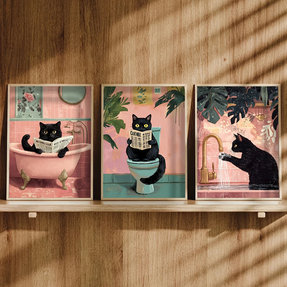 affiche toile chat noir toilettes plantes papier peint vintage humour illustration wall art decoration