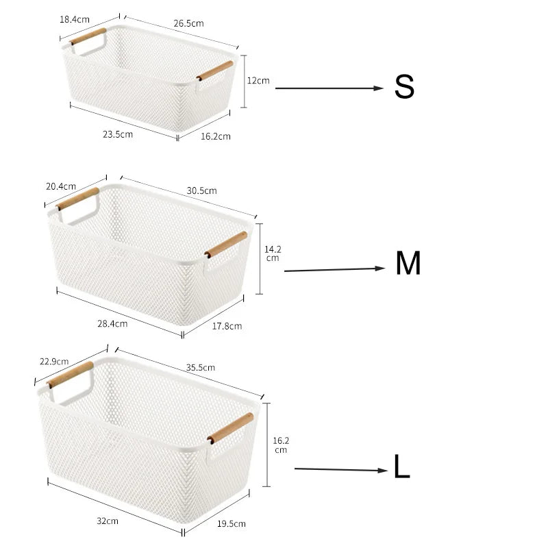 panier rangement maille fine plastique respectueux l'environnement blanc moderne poignées bois taille