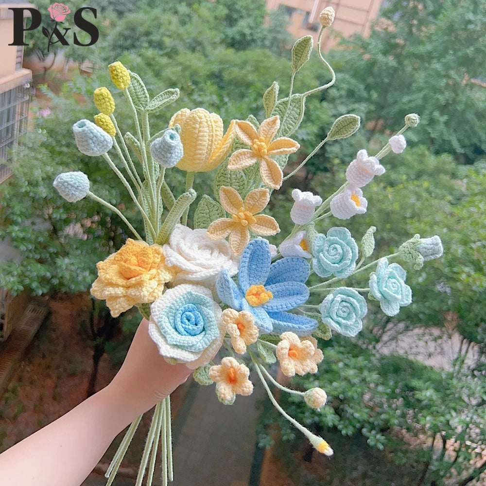 bouquet fleurs artificielles tricotées pivoine blanc jaune vert maison decoration anniversaire mariage