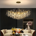 Suspension lumineuse contemporaine transparente dorée branches feuilles LED 100cm