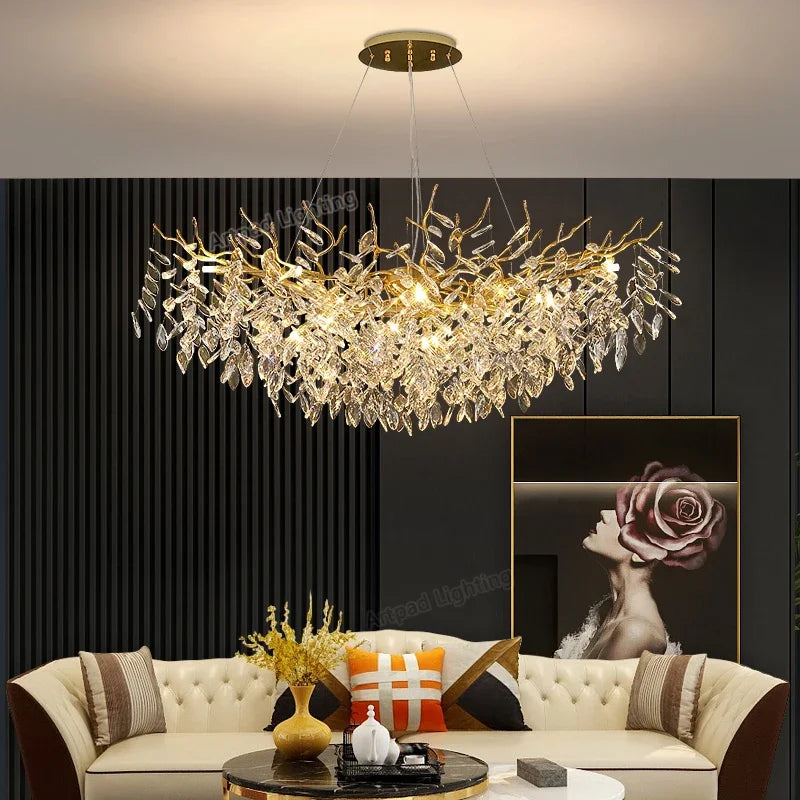 Suspension lumineuse contemporaine transparente dorée branches feuilles LED 100cm