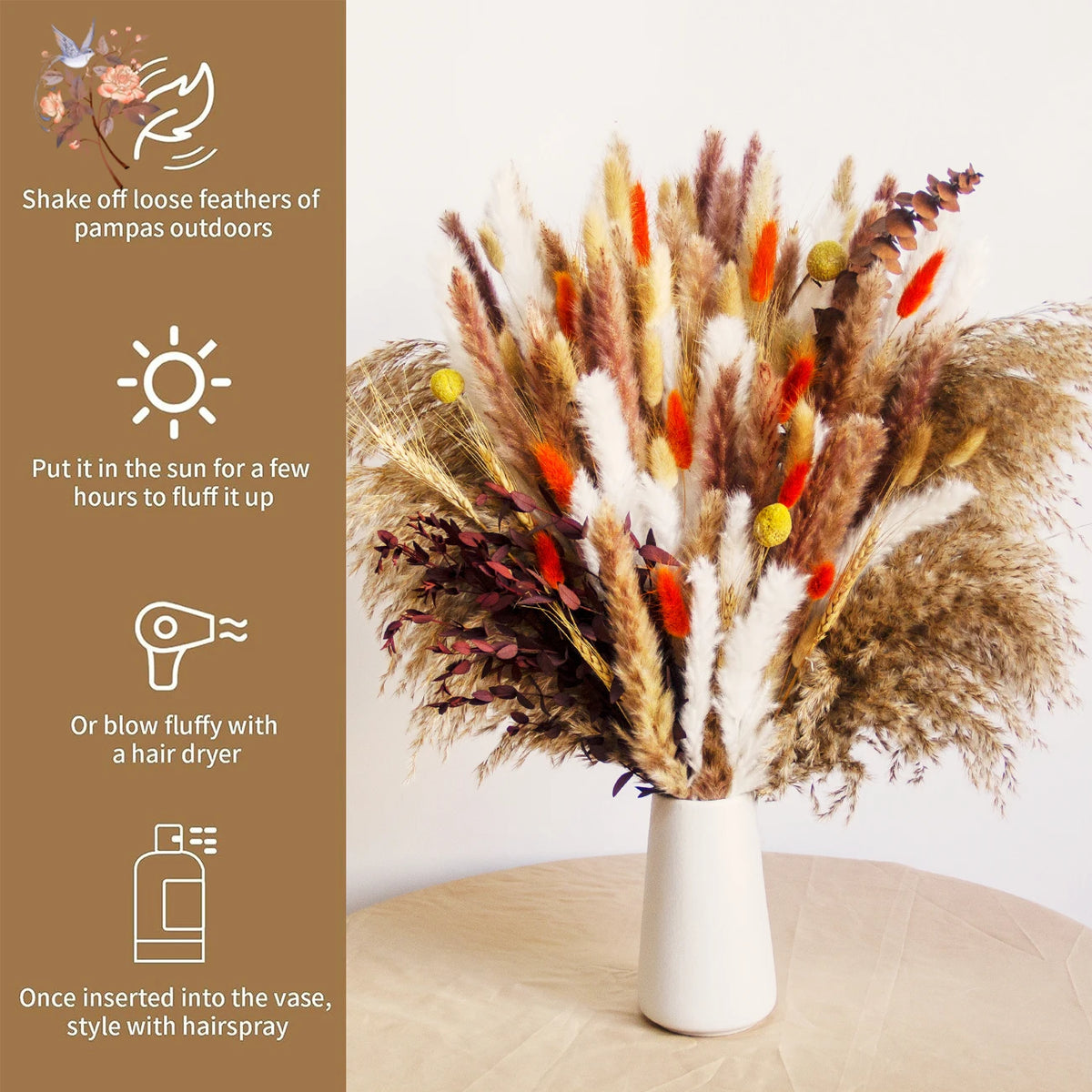 fleurs séchées bouquet pampas plumes graminées décoration intérieure anniversaire mariage rustic naturel