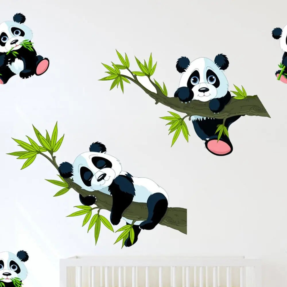 sticker mural panda bambou résistant eau dessin animé noir blanc vert rose
