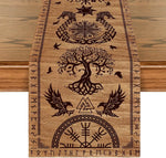 chimene table lin noir motifs nordiques artisanal blanc runes oiseaux symboles ethnique