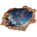 sticker mural 3d scène naturelle illusion optique adhésif multicolore coucher soleil océan planètes enfants