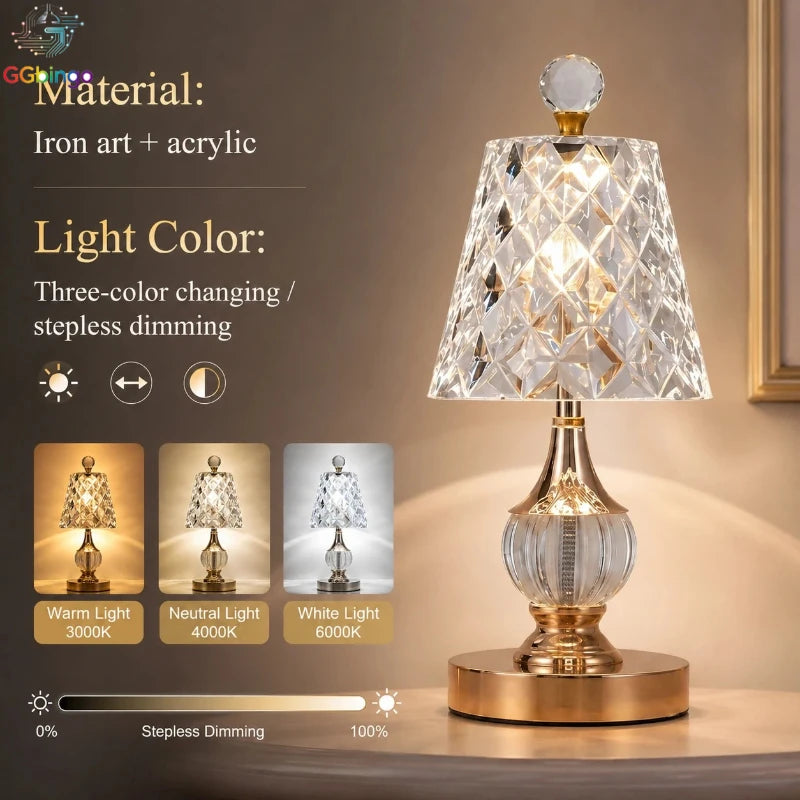 lampe table led rechargeable dorée transparente texture géométrique classique élégant abat jour fixée base