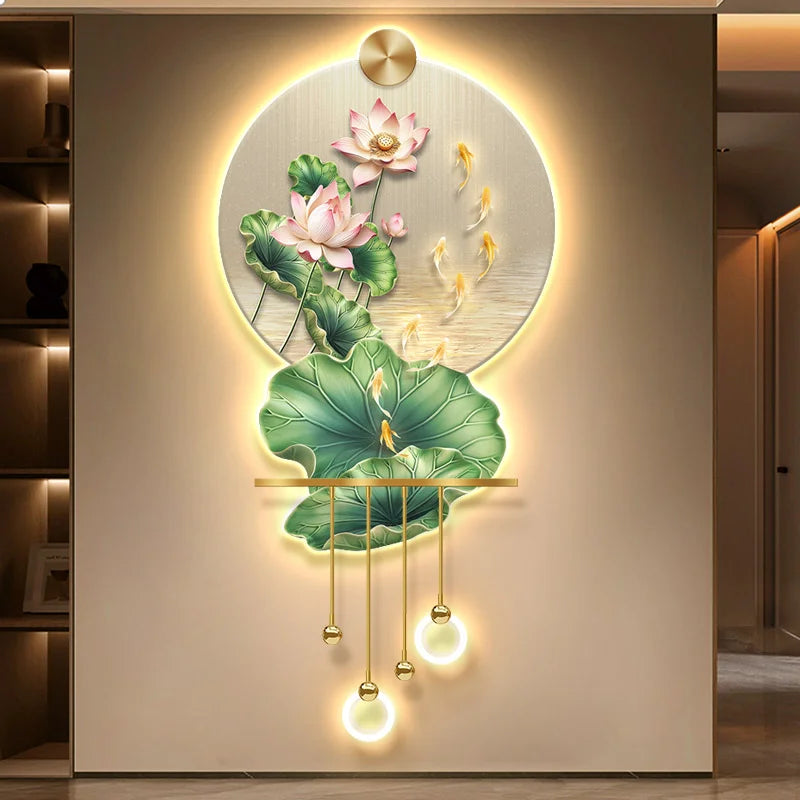 tableau mural moderne fleurs lotus poissons feuilles montagne beige vert rose doré