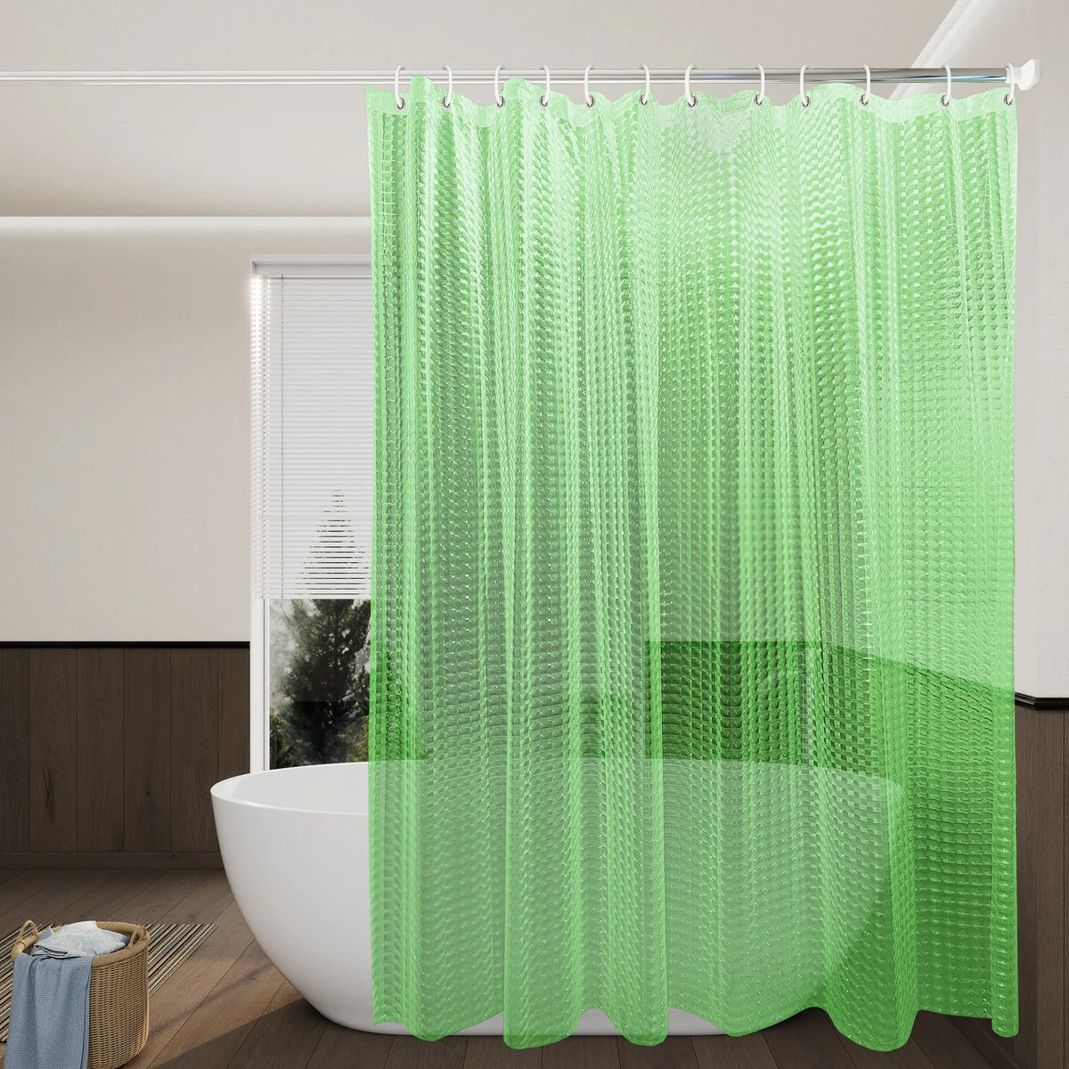 rideau douche moderne éva texturé géométrique blanc bleu vert violet anneaux