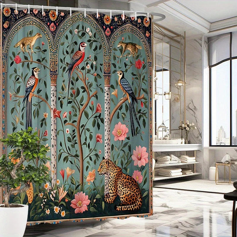 rideau douche floral oiseaux léopard art nouveau 12 anneaux métalliques