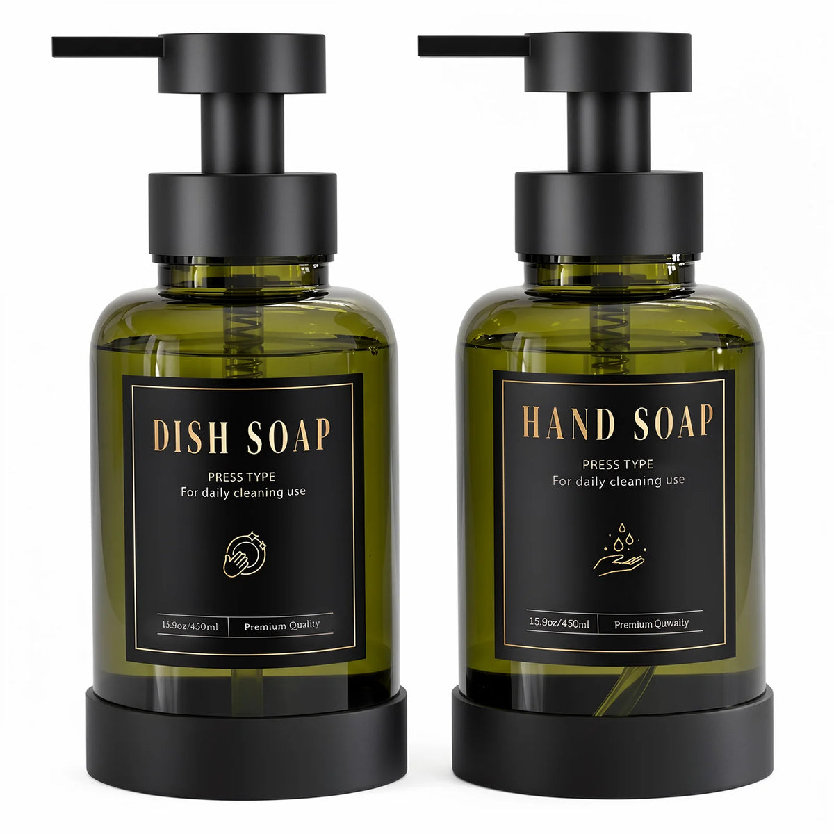 distributeur savon liquide noir bleu clair moderne minimaliste transparent pompe pression étiquette noire texte