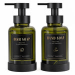 distributeur savon liquide noir bleu clair moderne minimaliste transparent pompe pression étiquette noire texte