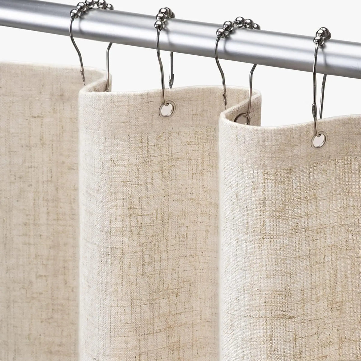 rideau douche texturé lin beige rustique opacité respectueux environnement toilettte tringle métalliques serviettes panier