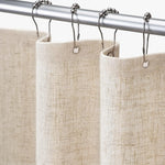 rideau douche texturé lin beige rustique opacité respectueux environnement toilettte tringle métalliques serviettes panier