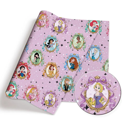 papier cadeau bleu nuit personnages disney boules noel cerfs princesses fleurs illustration colorée