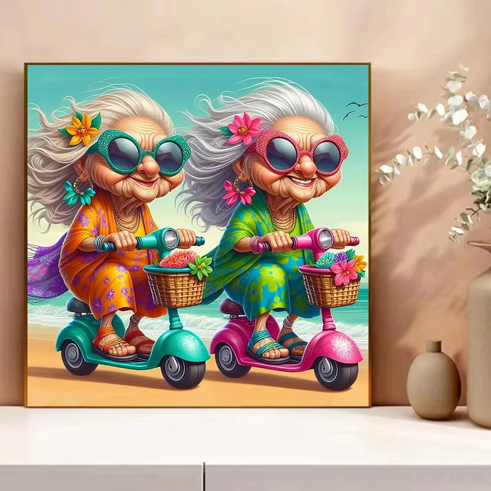 décoration murale tableau art contemporain grand mères scooters colorées illustration humoristique pastel scooters paniers