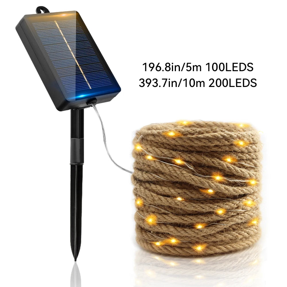 guirlande lumineuse solaire 100 led 10m corde chanvre jardin extérieur modes ip65