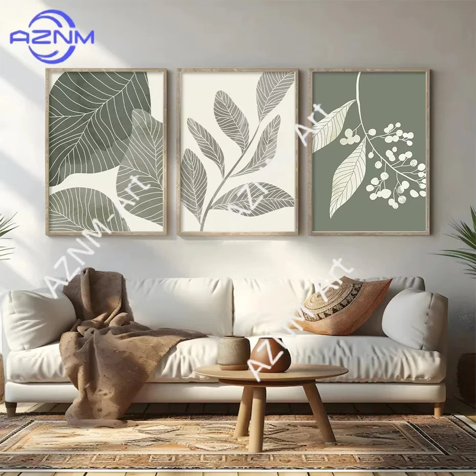 affiches abstraites modernes feuilles stylisées verte olive minimaliste salon chambre